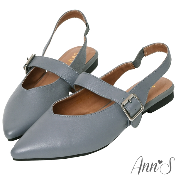 Ann’S寬肉腳板OK拉帶可調尖頭柔軟真皮平底鞋-藍