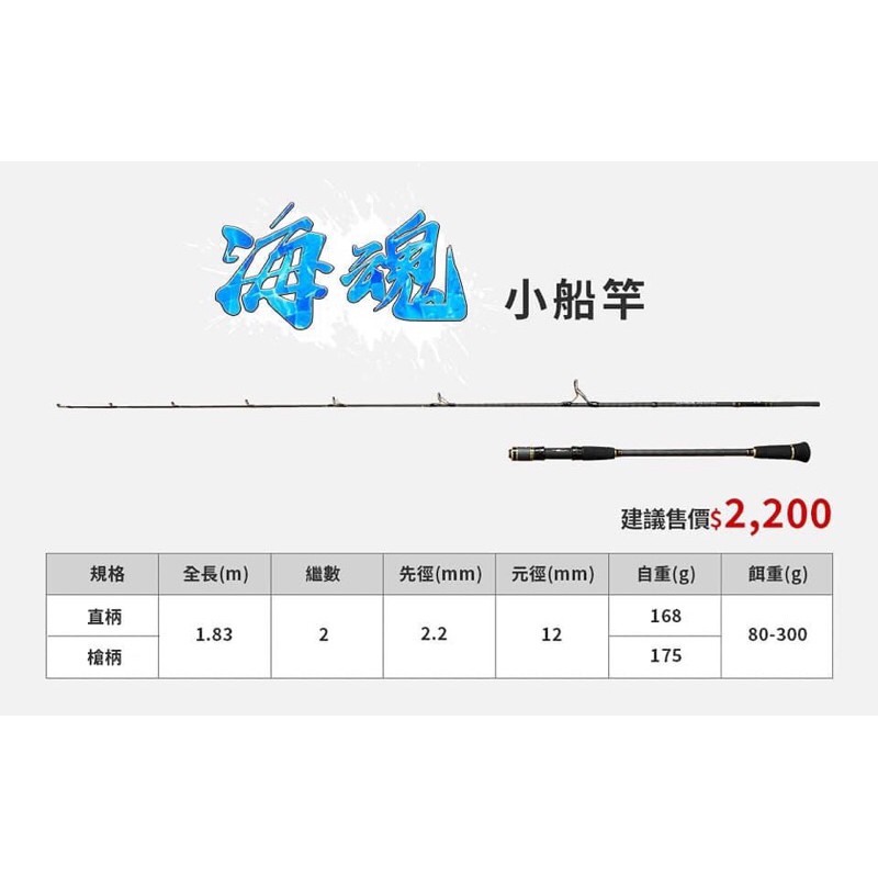 海魂 小船竿 1.83M 80~300g 並繼 直柄/槍柄