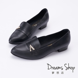 DREAMS SHOP 寬楦_MIT真皮V釦尖頭低跟樂福鞋 黑色【XJ1015-7】大尺碼女鞋37-45