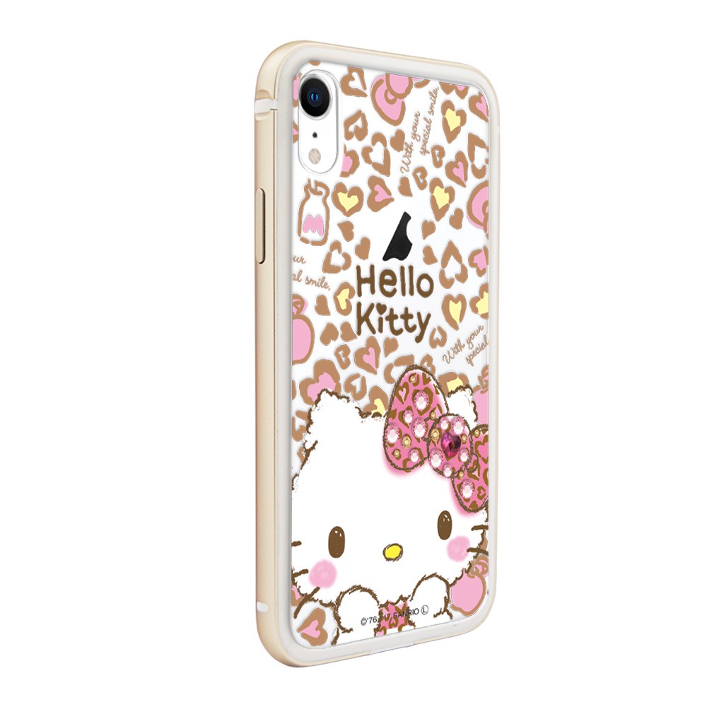 三麗鷗 Kitty iPhone XR 6.1吋施華彩鑽鋁合金屬框手機殼-金色豹紋凱蒂
