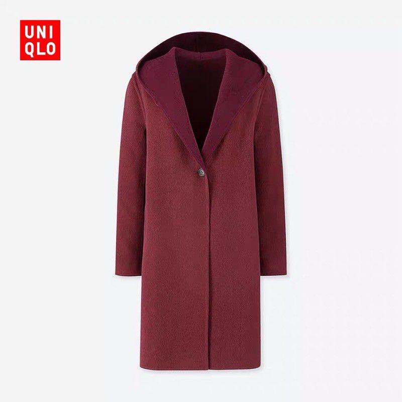 全新現貨  uniqlo 420227 原價2990$ 雙面 織紋 酒紅 連帽 羊毛  大衣 L