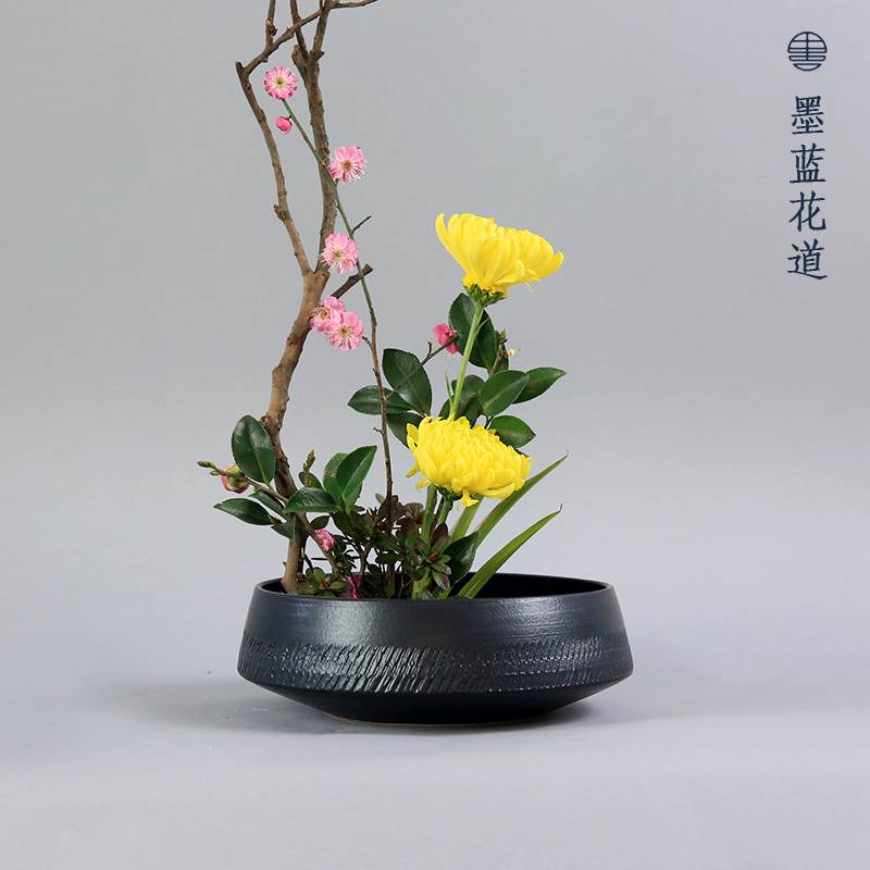 免運 日式花器陶瓷黑色水盤日本進口t梯型斜刀紋插花花道池坊草月流 蝦皮購物