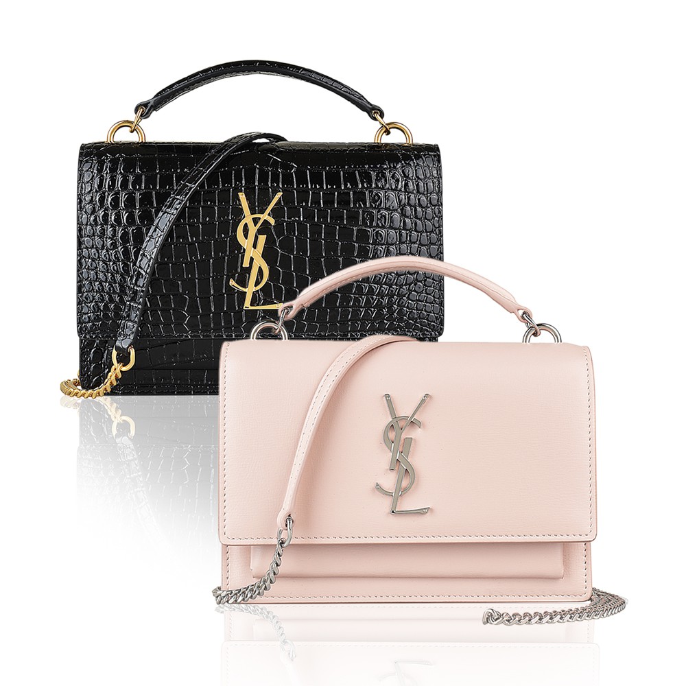 YSL SAINT LAURENT SUNSET銀/金字LOGO小牛皮釦式手提斜背包(兩色)