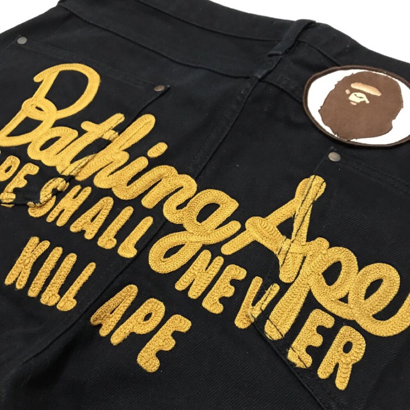 近全新品 A BATHING APE BAPE 冠軍繩索刺繡 黑色工作褲 (M)