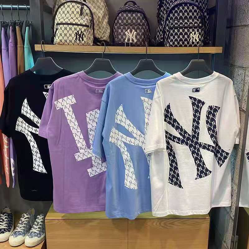 韓國mlb春夏新款復古老花短袖t恤老花滿標la寬松上衣ny字母短t 明星同款短袖男女情侶半袖