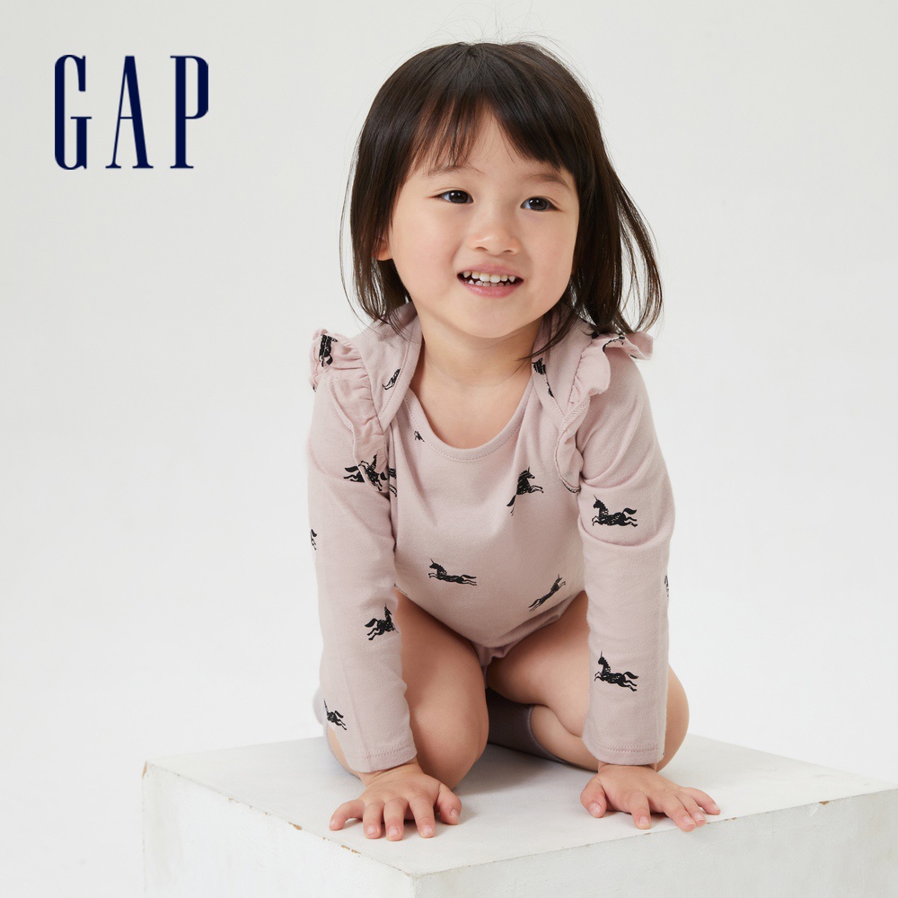 Gap 嬰兒裝 荷葉邊印花長袖包屁衣 布萊納系列-淡粉色(731143)