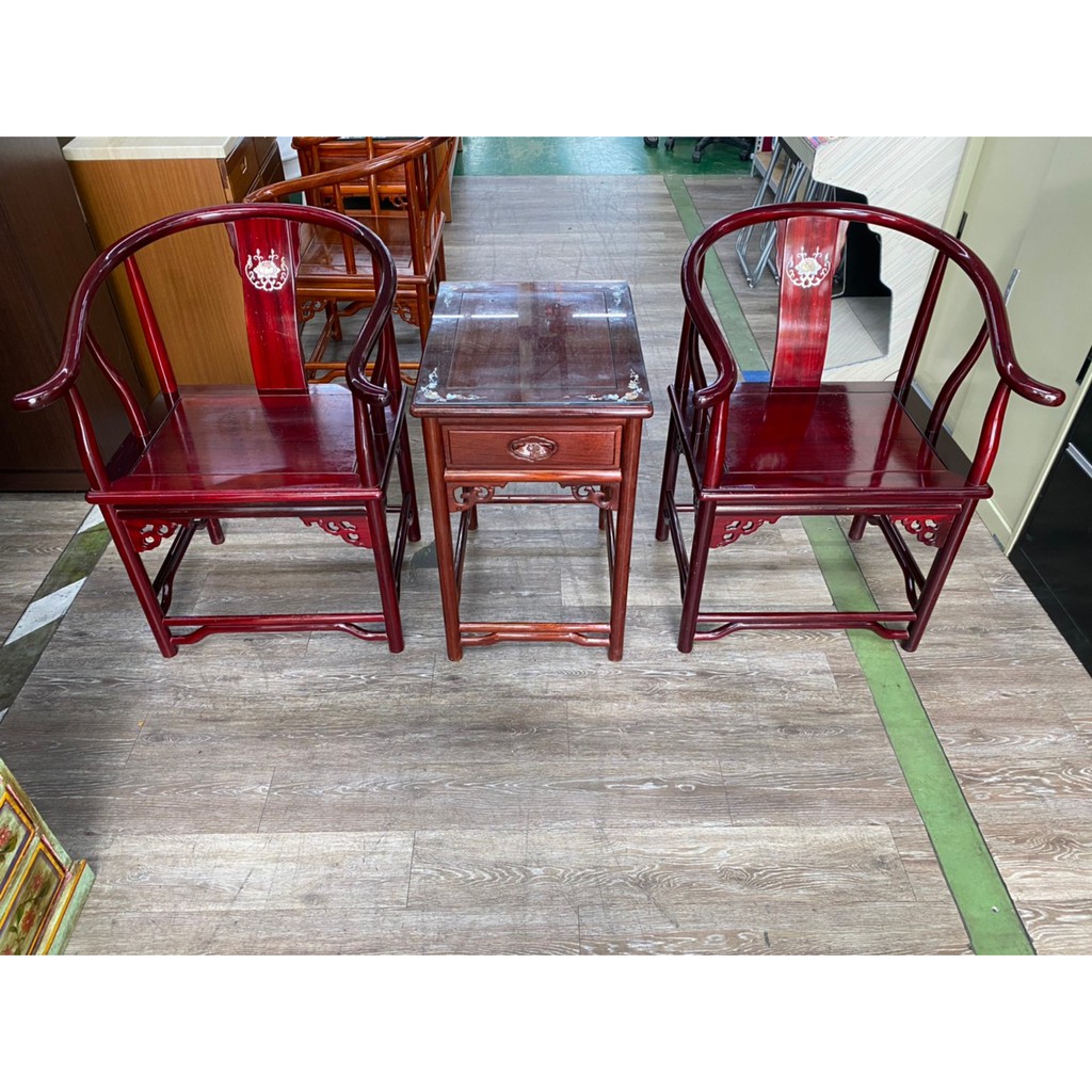 吉田二手傢俱❤太師桌椅組 仿古桌椅組 紅木家具 紅木桌椅組 公婆桌椅組 1桌2椅組