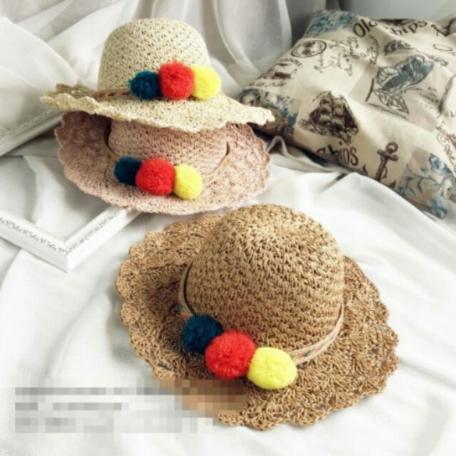 太陽花邊甜美色系小毛球遮陽草帽 防曬 涼爽 女童帽
