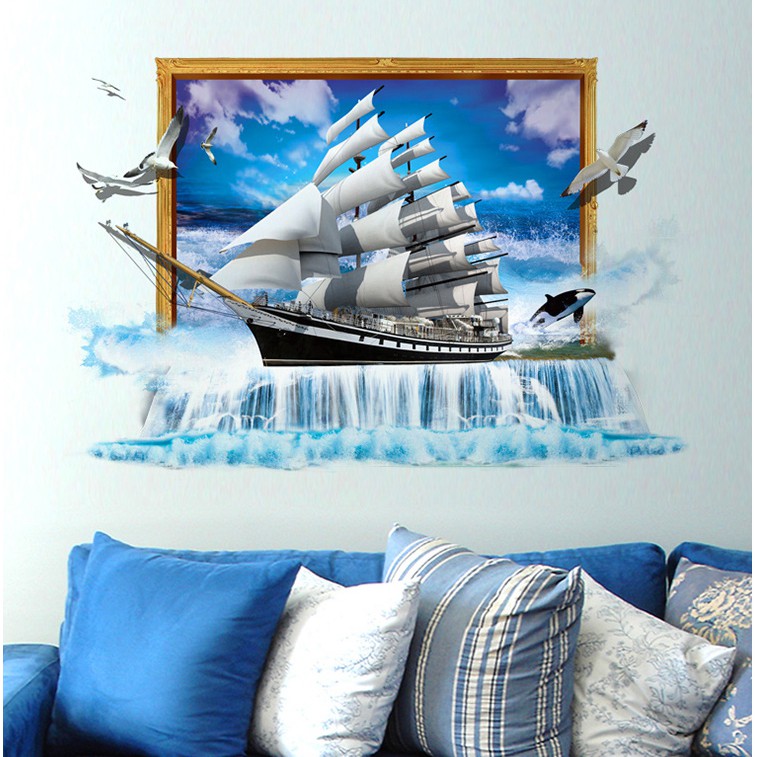 ♛SUNDAY☀ 3D立體帆船假窗戶壁貼 客廳沙發 背景牆壁貼紙 臥室壁紙防水 創意壁貼