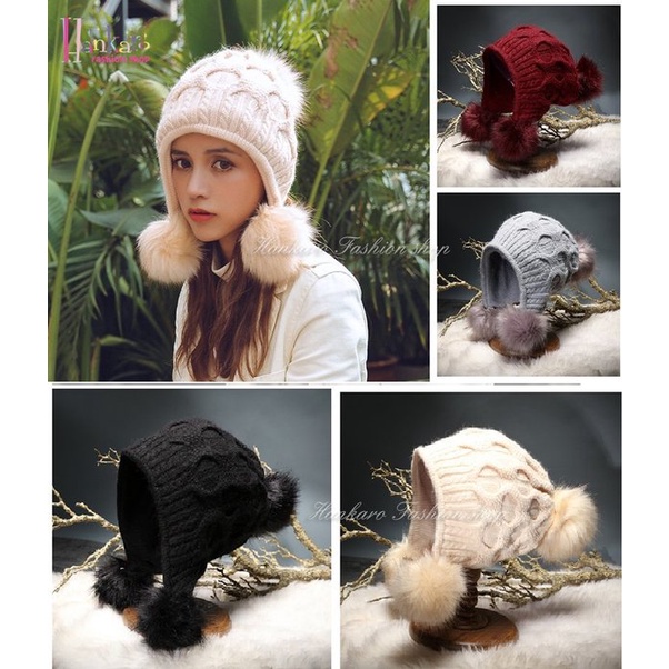 [新多]冬季保暖系列時尚加厚款兔毛球護耳毛線雷峰帽毛帽/4色任選