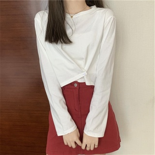 蔓莎💞2023設計感純色卷邊韓版打底衫女秋季薄款長袖T恤女式短款寬松上衣ins 女生衣著