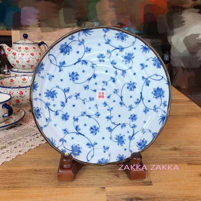 [HOME] 圓盤果盤 8吋圓盤 餐具餐盤 水果盤 藍花紋 有古窯 日本製 日式和風陶瓷盤