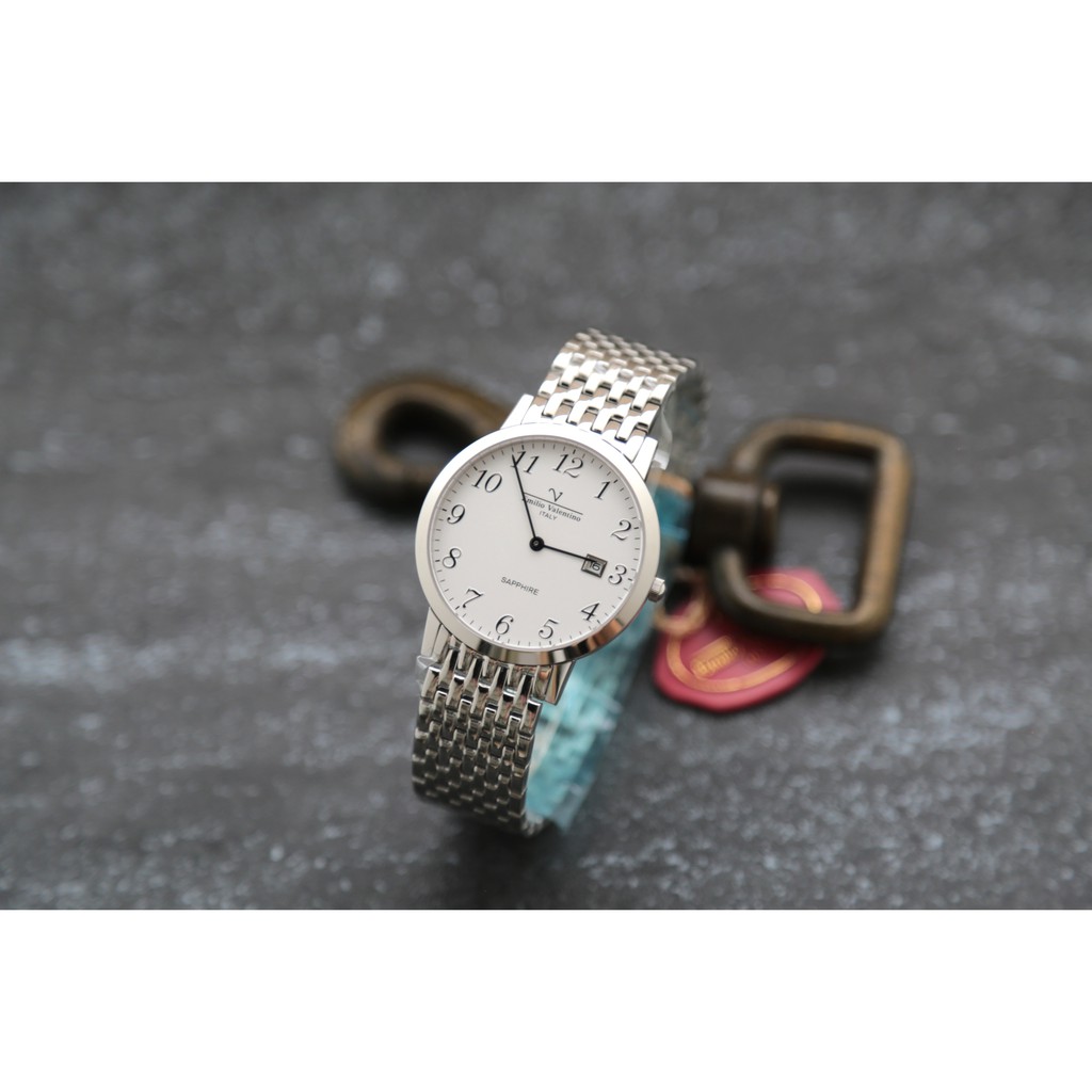 Emilio Valentino范倫鐵諾藍寶石水晶表鏡sapphire薄型浪琴優雅風格不鏽鋼製石英錶,數字刻度