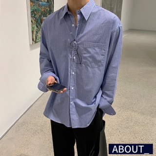 【ABOUT_歐巴】條紋口袋長袖襯衫 韓 長袖上衣 休閒上衣 外套 襯衣 寬鬆 百搭 男