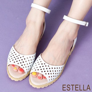 ESTELLA-全真皮鏤空繫帶厚底涼鞋-白【EH400110WE】