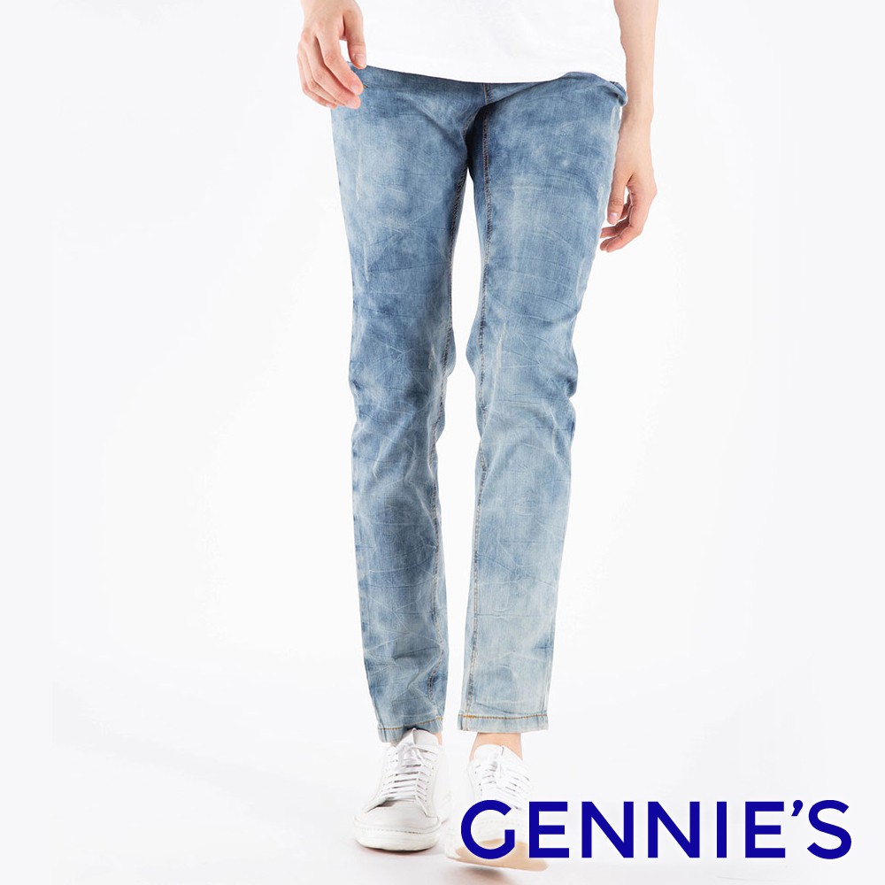 【Gennies 奇妮】雪花刷色微刮一體成型牛仔褲-藍(T4F76)