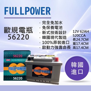 【現貨】56220(Din55) 歐規電瓶 韓國進口FULL POWER電瓶／車用／現代製造／非湯淺、YUASA、統立