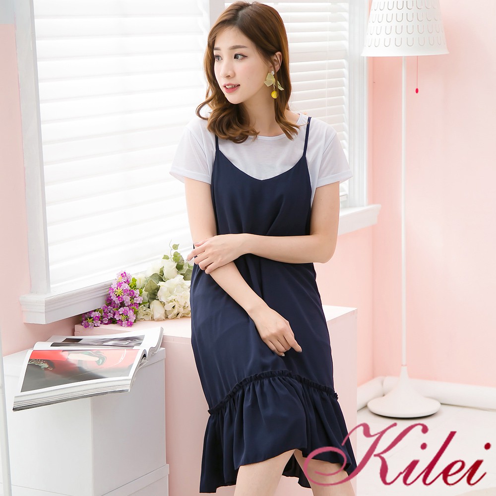 【Kilei】大尺碼女裝 兩件式洋裝 簡約短袖T恤上衣+荷葉擺造型細肩帶洋裝兩件式XA3811-01(舒適藍)大尺碼