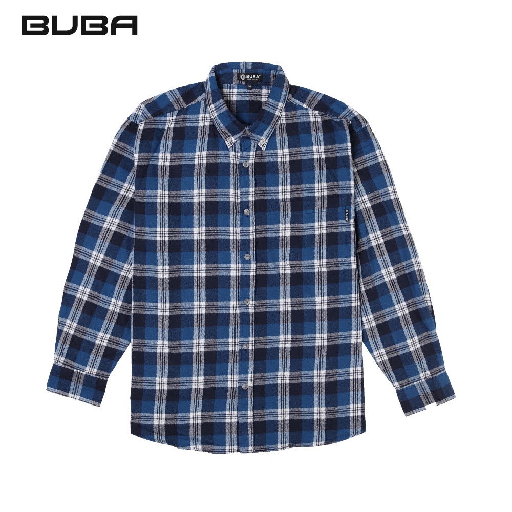 【BUBA大尺碼】法蘭絨藍白格紋純棉長袖襯衫2L~5L 特價 加大尺碼 免運