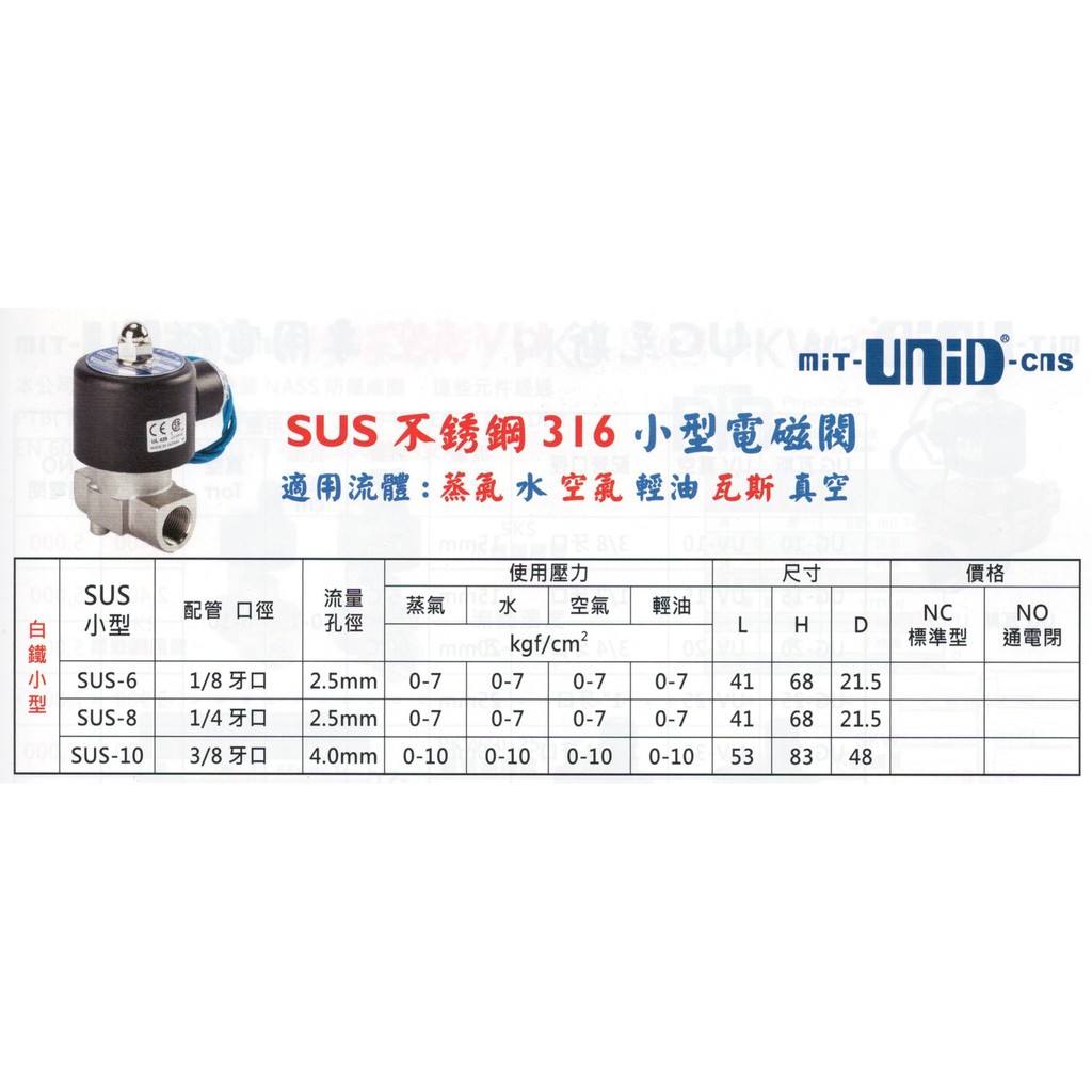 Mit Unid Cns Sus不銹鋼316小型電磁閥適用流體 蒸氣水空氣輕油瓦斯真空價格請來電或留言洽詢 蝦皮購物
