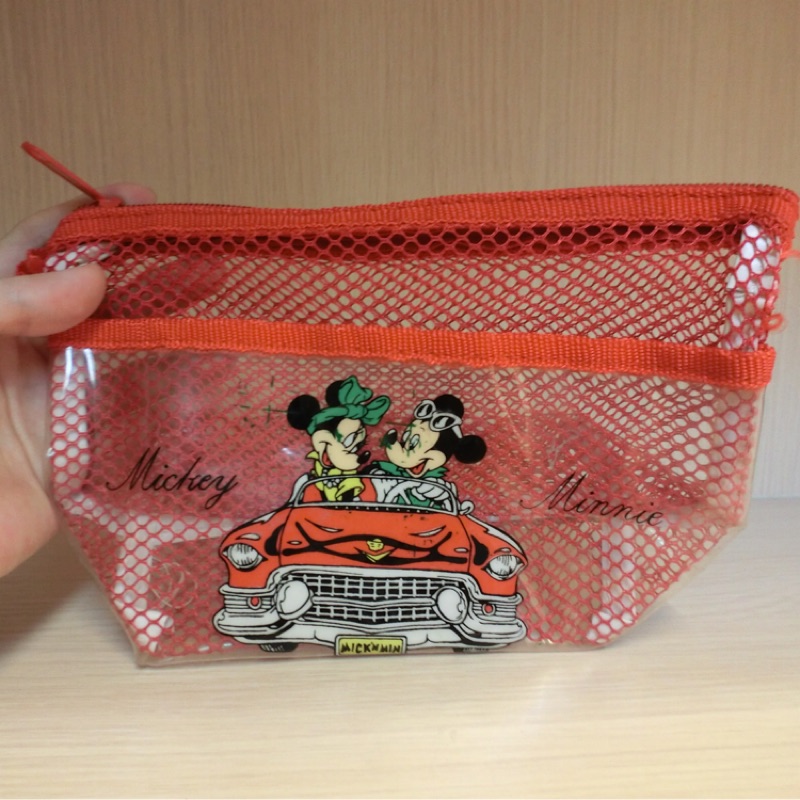 迪士尼米老鼠米奇米妮紅色防水網狀化妝小包