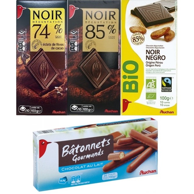 法國auchan 黑巧克力/巧克力牛奶棒 72％ 74％ 85％ 有機85％ 進口巧克力 有機巧克力 巧克力磚