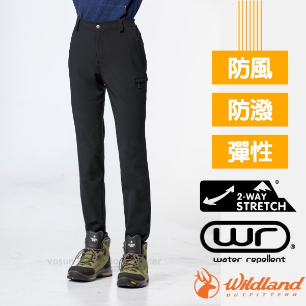【荒野 WildLand】女款 SOFTSHELL窄直筒長褲(防風.防潑.雙向彈性) 0A82305-54 黑