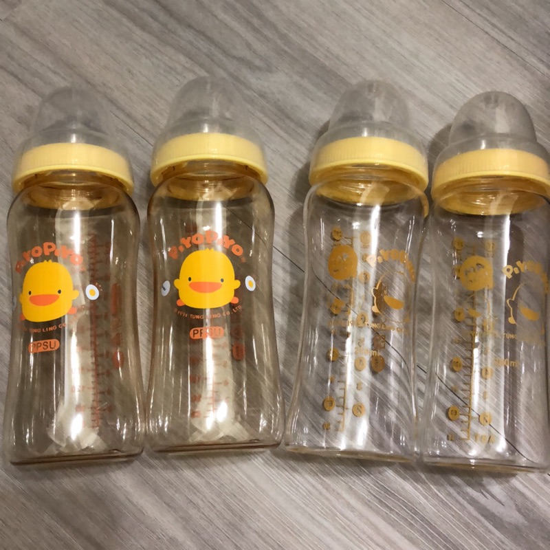 ✨全新✨ 黃色小鴨PiyoPiyo-寬口徑葫蘆玻璃奶瓶280ml/媽咪乳感寬口徑PPSU防脹氣奶瓶360ml