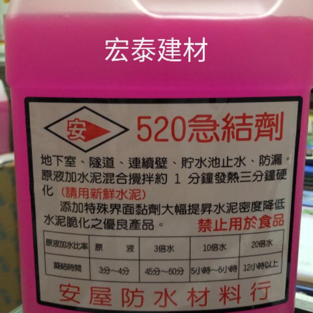 [台北市宏泰建材]520急結劑1加侖原液和水泥攪拌即可