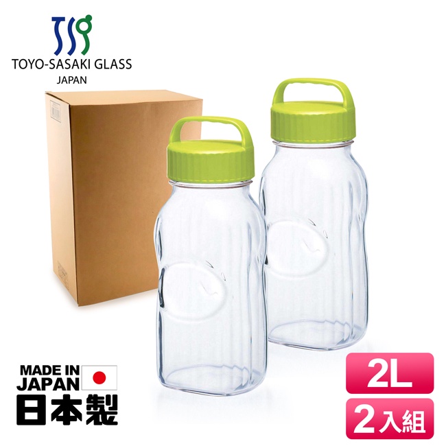 【TOYO-SASAKI GLASS東洋佐佐木】日本製玻璃梅酒瓶2L(2入組)綠色(77861-OG)醃漬瓶/保存罐/釀