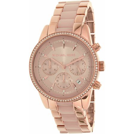 MK手錶 MK6307 女生腕錶玫瑰金陶瓷鋼帶款 晶鑽三眼計時