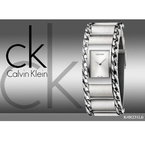 全新Calvin Klein  CK 長方形 女用 瑞士 白色皮革 鍊錶 鏈錶 腕錶 小b 手錶 錶帶 K4R231L6