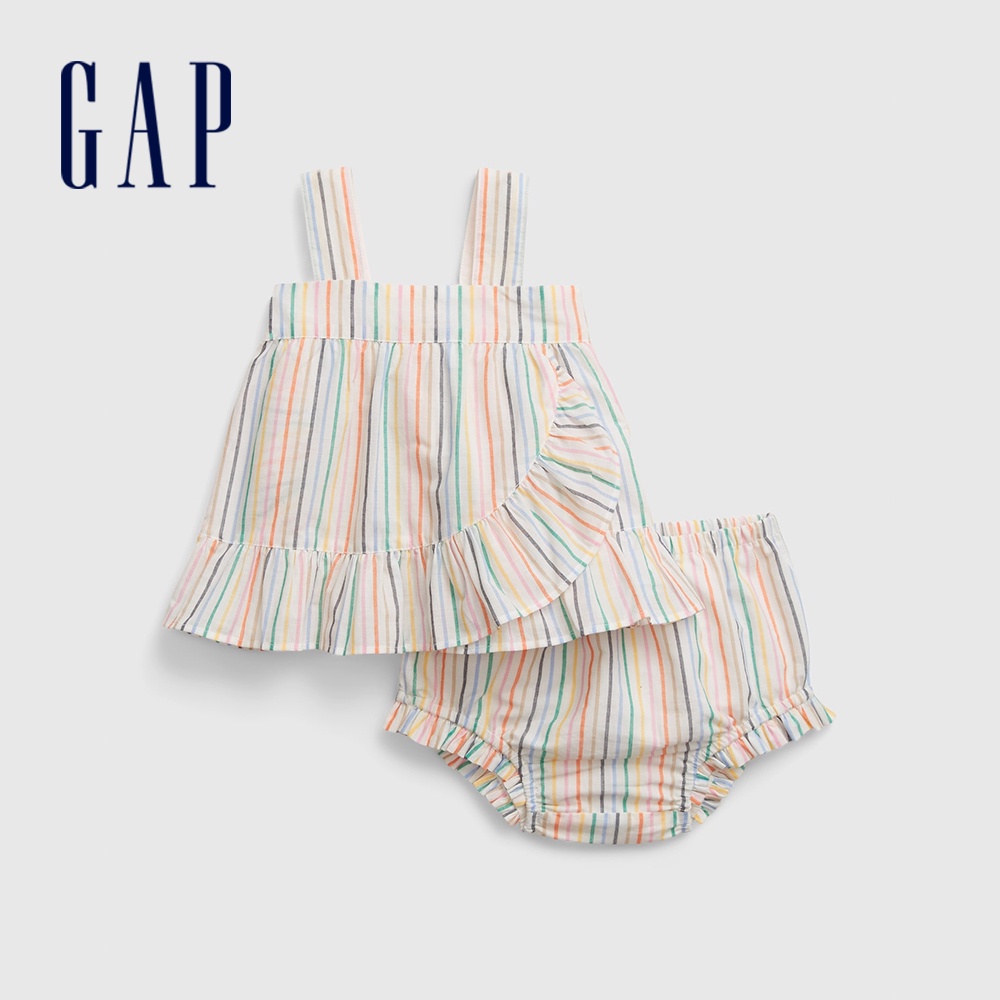 Gap 嬰兒裝 荷葉邊條紋吊帶洋裝家居套裝-彩色條紋(826170)
