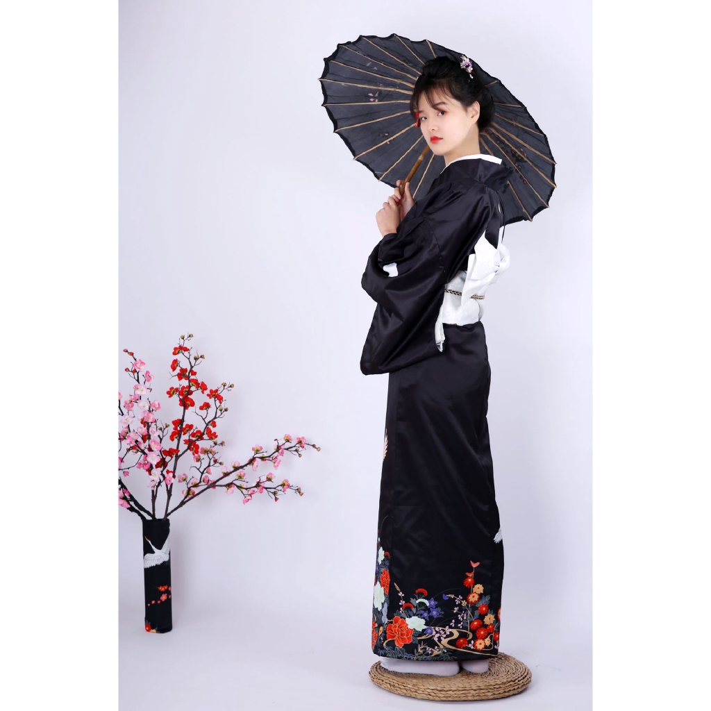 日本和服女和服正裝黑留袖和服傳統定位仙鶴柄和服 蝦皮購物