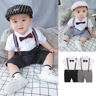 ❤️臺灣現貨❤️男嬰兒夏裝純棉紳士連體衣 3個月寶寶夏季衣服百日服周歲禮服服哈衣