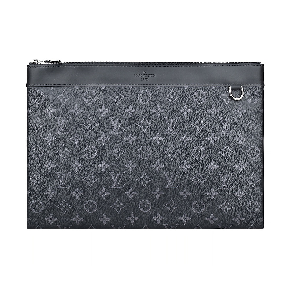 LV M62291 DISCOVERY壓印LOGO Monogram Eclipse帆布練手拿包(黑)