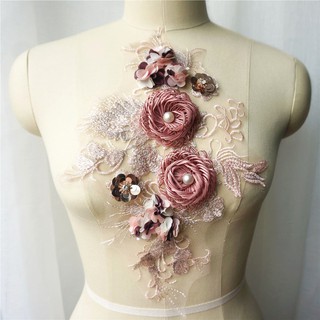 水鑽刺繡珍珠蕾絲貼花縫紉花面料領補丁婚紗禮服 DIY
