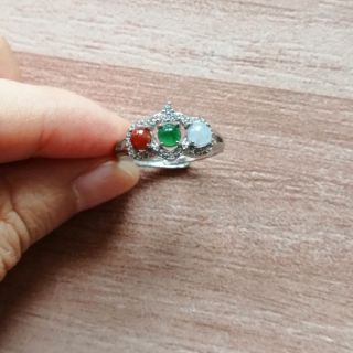 璞沁～天然緬甸玉a貨小三彩蛋面活圍戒指
