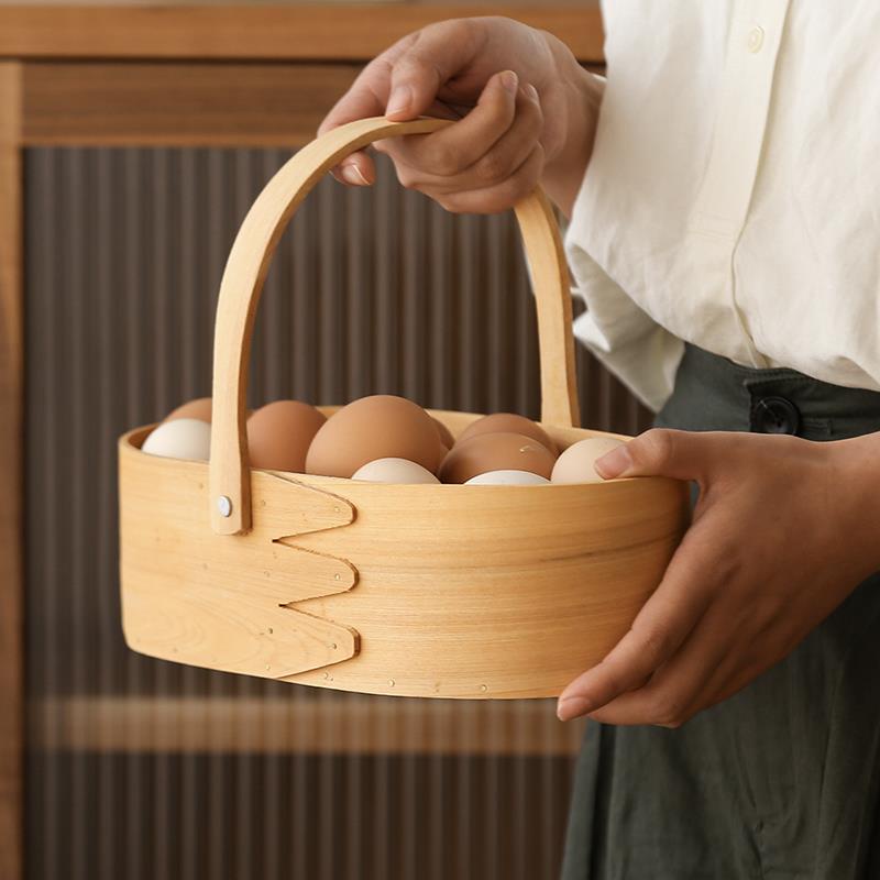 日式木片編織籃創意水果籃麵包籃野餐蔬菜藤條手提籃廚房收納b