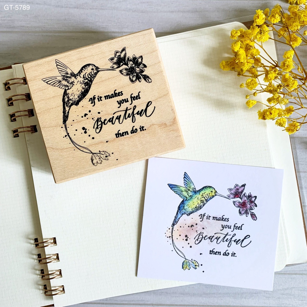 貝登堡楓木印章-蜂鳥與花
