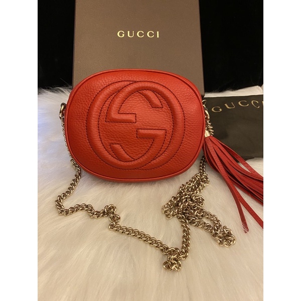 [二手]Gucci SOHO系列大LOGO流蘇吊飾鏈袋包 小牛皮 紅