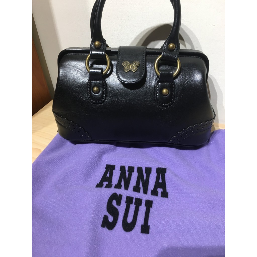 ANNA SUI 絕對正品日本帶回 黑色 真皮皮革 牛津花紋 迷你經典醫生包 手提包