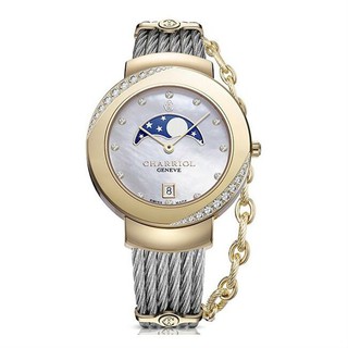CHARRIOL夏利豪 ST35YD1560009 真鑽金月象盈虧優雅鋼索腕錶 / 珍珠母貝面 35mm
