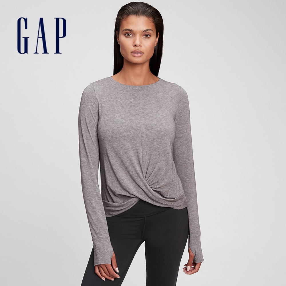 Gap 女裝 彈力短版瑜伽運動長袖T恤-灰色(709331)