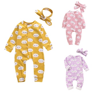 新生兒兩件組連身裝 可愛卡通雲朵長袖爬服 配套同款髮帶 男寶寶女寶寶 0-4歲
