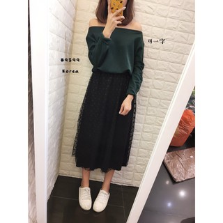 正韓 美美的 棉質一字圓領上衣＋點點紗裙 連身 長洋裝