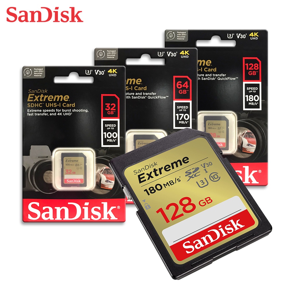 SANDISK V30 Extreme 32G 64G 128G SD UHS-I U3 速度高達 180MB 記憶卡