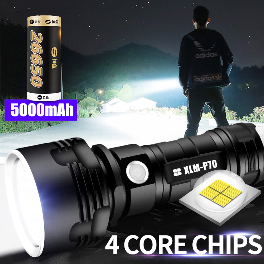超亮 90000Lm 手電筒 LED L2/P70 戰術手電筒 USB+5000Mah 電池 L2-25W/P70-50