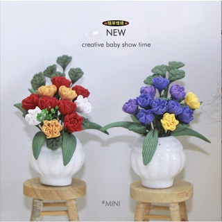 （精緻手工陶瓷）迷你模擬 陶瓷 盆栽 玫瑰花 插花 盆景 K141 娃娃屋 袖珍 食玩 微縮場景 微景觀 模型