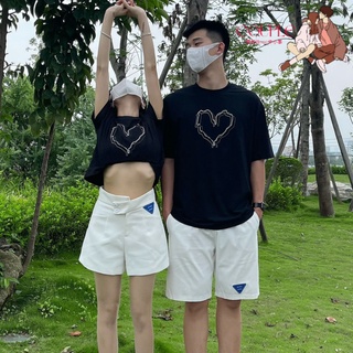 【COUPLE】❤❤情侶裝夏季套裝兩件套2022新品卡通短款t恤男女休閒短褲套裝
